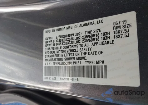 2019 Honda Odyssey Ex from USA, damaged, VIN 5FNRL6H55KB119121
